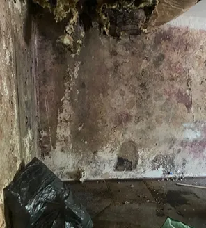 Sterk vervuilde muur binnenin woning met schimmel, vochtplekken en een deels ingestort plafond.
