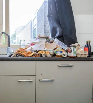 complete-transformatie-van-zwaar-vervuilde-woning-gallerij (18) Keukenblad vol etensresten, verpakkingen en rotzooi voor reiniging