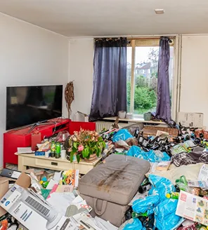 complete-transformatie-van-zwaar-vervuilde-woning-gallerij (25) Woonkamer overvol met afval, flessen en dozen vóór schoonmaak