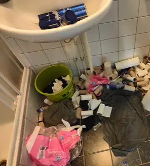 een-huis-opgeruimd-voor-een-frisse-start (9) Vervuilde badkamer met overvolle wasbak en stapels lege toiletrollen op de vloer.